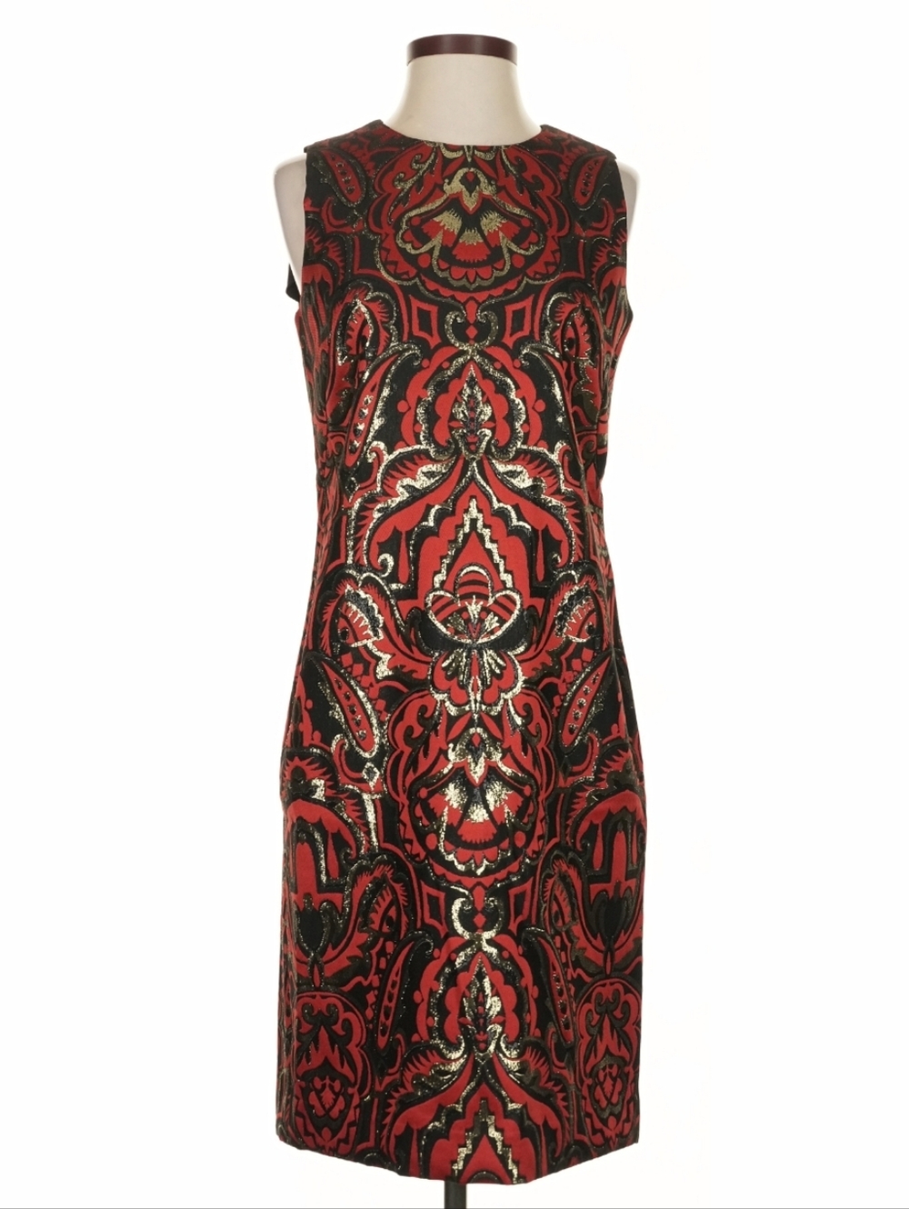 J.McLaughlin Red Black Gold Metallic Paisley Sleeveless Sheath Dress Size 4 NWT